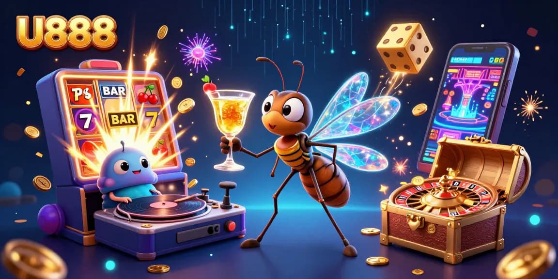 Place winning bets at U888 with our vibrant casino scene featuring a unique mascot and exciting game elements.