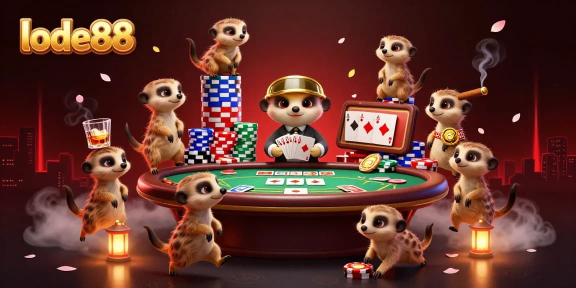 Experience lively interactions at lode88 casino with meerkats dealing cards and sneaking chips in a vibrant scene.