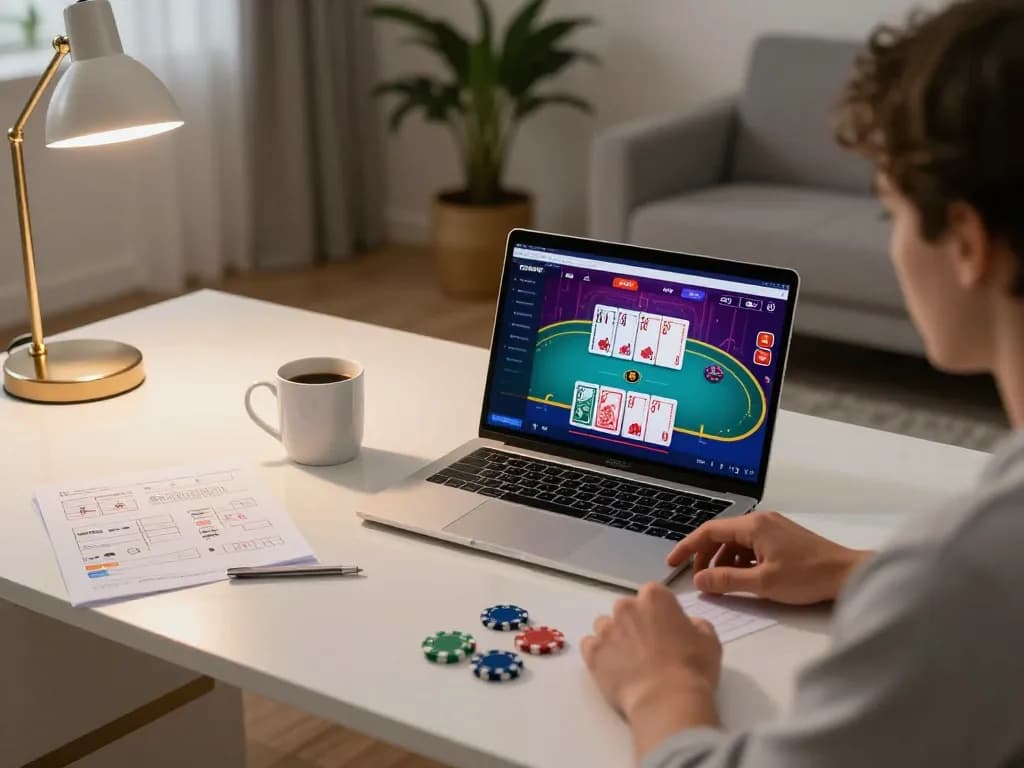 Person playing king333 poker online on laptop in a cozy home setup with game strategy notes.