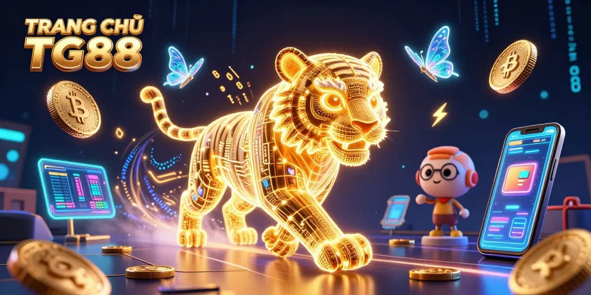Engage with TRANG CHỦ TG88's vibrant digital casino experience featuring a neon golden tiger and dynamic crypto elements.