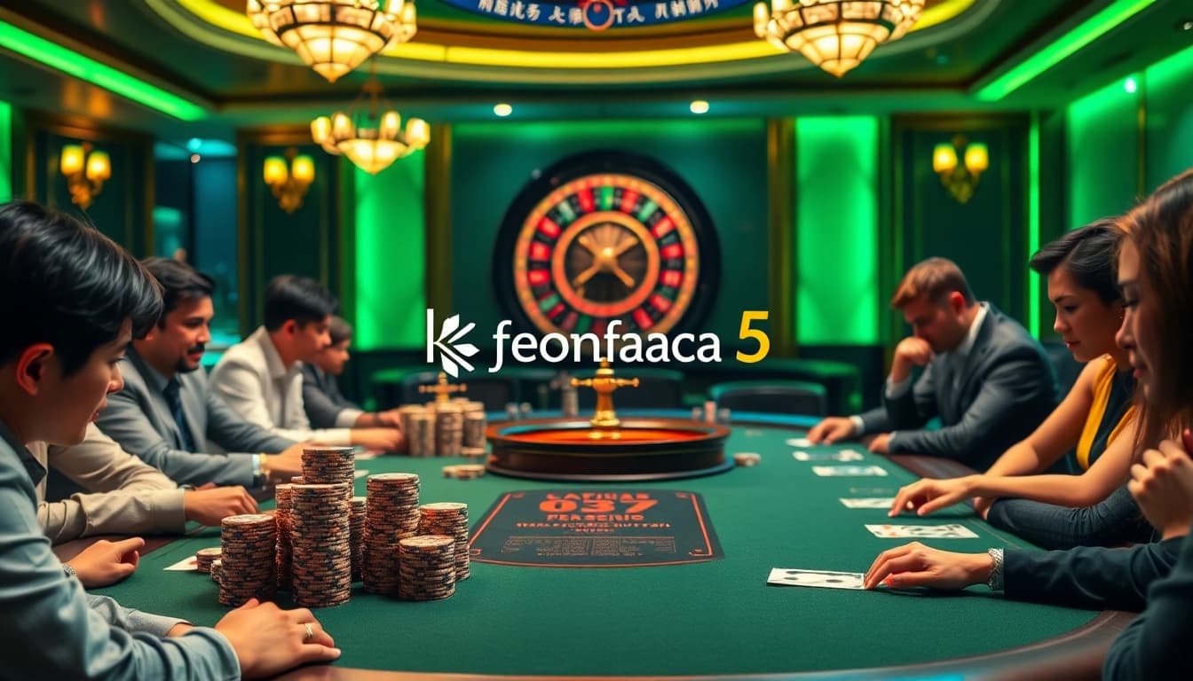 Experience the excitement of keonhacai 5 at a luxury poker table with engaged players and vibrant gaming elements.