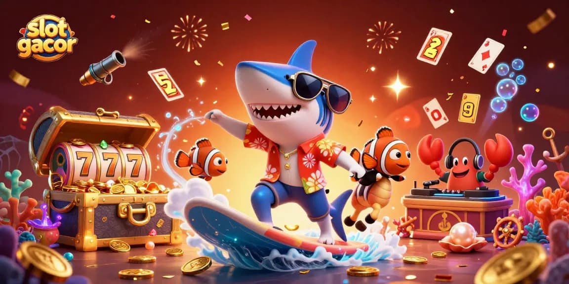 Experience slot gacor as a hammer-head shark surfs gold coins amidst vibrant underwater casino elements.