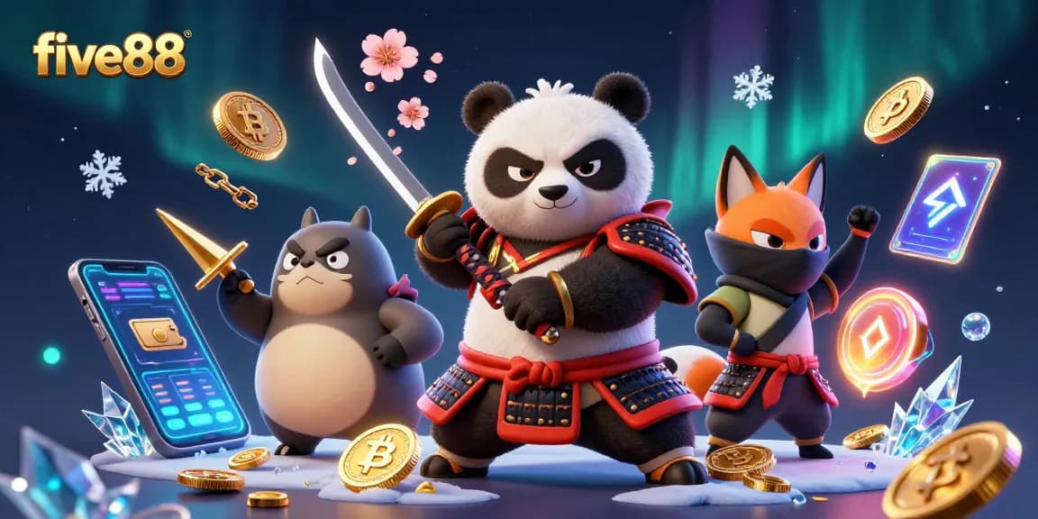 Engage with five88’s vibrant gaming scene featuring a samurai panda and ninja fox amidst crypto elements.