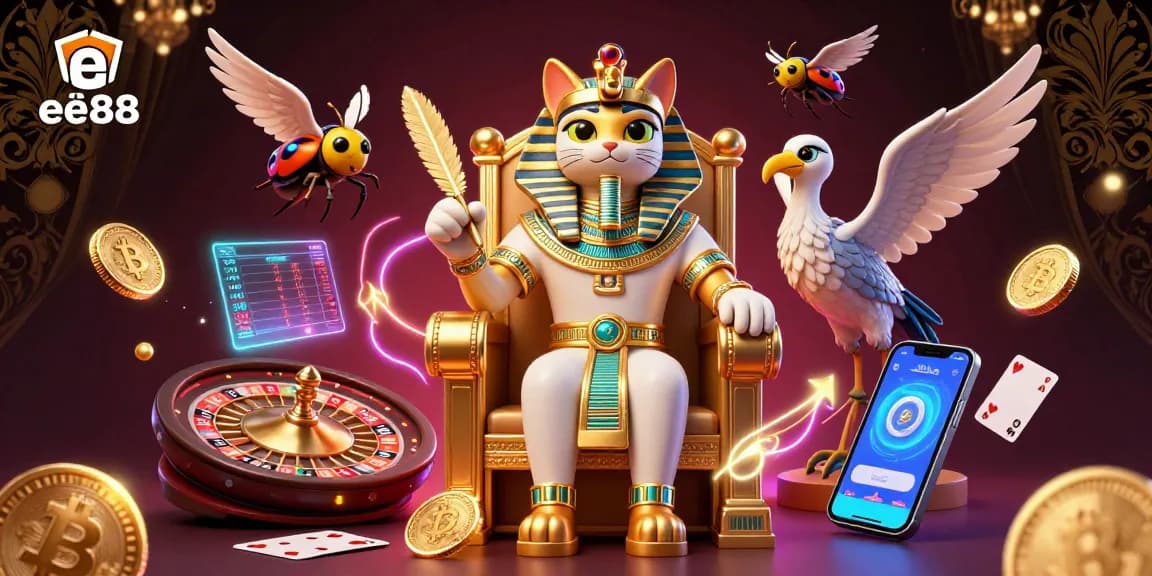 Engage with vibrant eê88 casino gaming through our lively 3D illustration featuring a pharaoh cat and live casino elements.