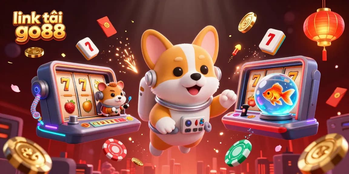 Experience the excitement of gaming with link tải go88 as floating coins, popular game elements, and adorable characters fill the vibrant scene.