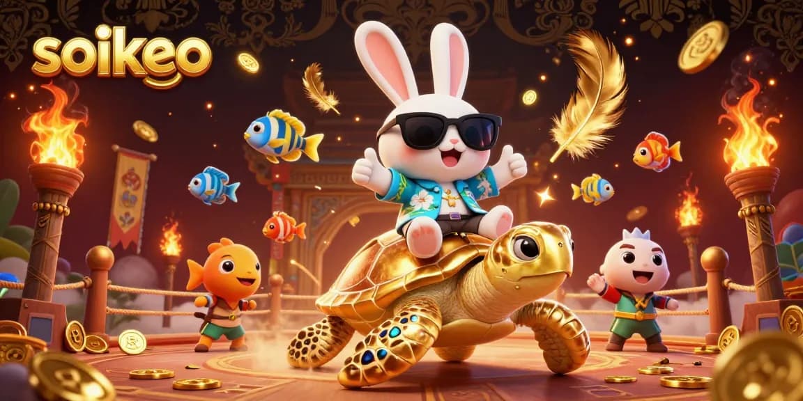 Engage with soikeo's vibrant betting scene featuring a lucky rabbit on a golden turtle amidst casino elements.