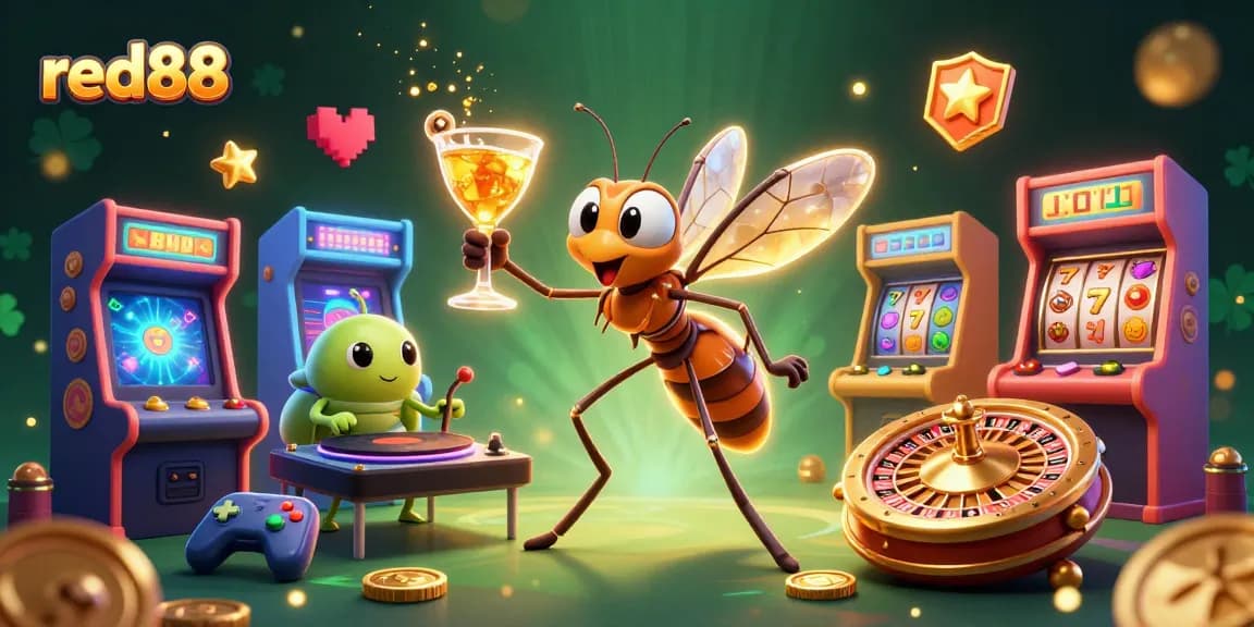Experience red88's vibrant casino scene featuring a unique mosquito mascot, DJ trilobite, and roulette wheel.