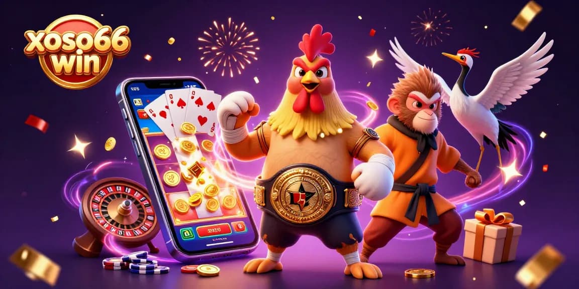 xoso66 win features an intense scene with cartoon characters celebrating casino games amidst golden coins.
