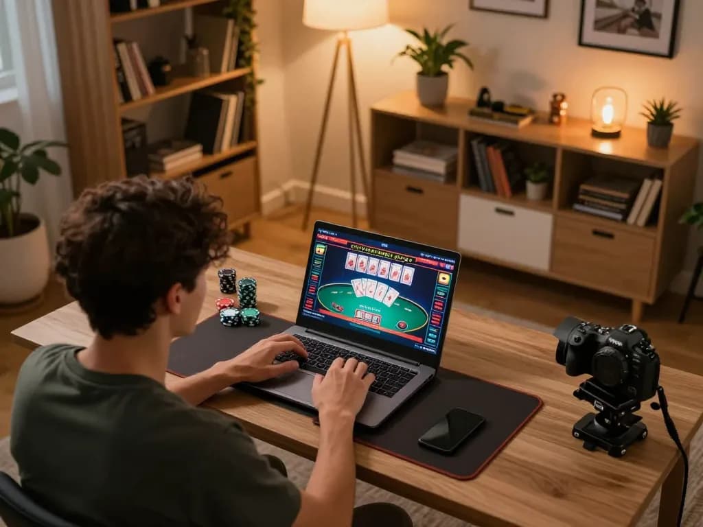 Player engaged in online casino gaming at home using C168 platform with visible poker interface.