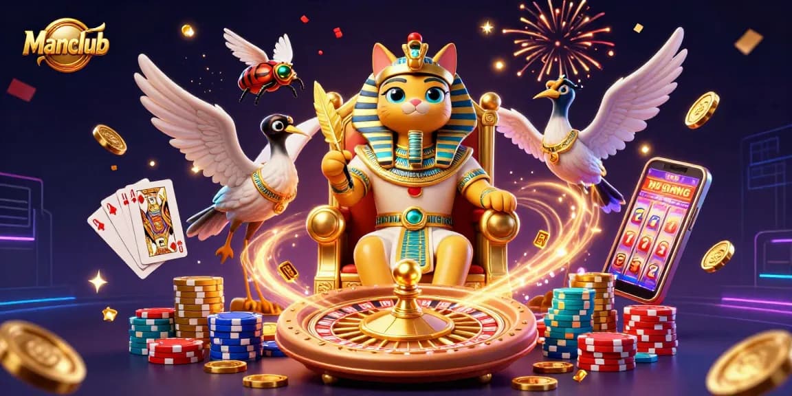 Manclub offers thrilling gaming experiences with a 3D scene of a pharaoh cat amidst cascading coins and slot machines.