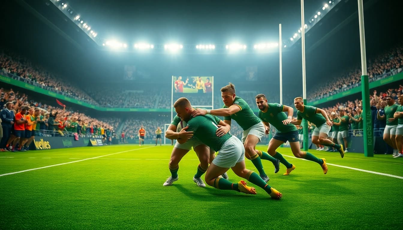 Rugby paris sportif betting excitement with players competing fiercely on the field.