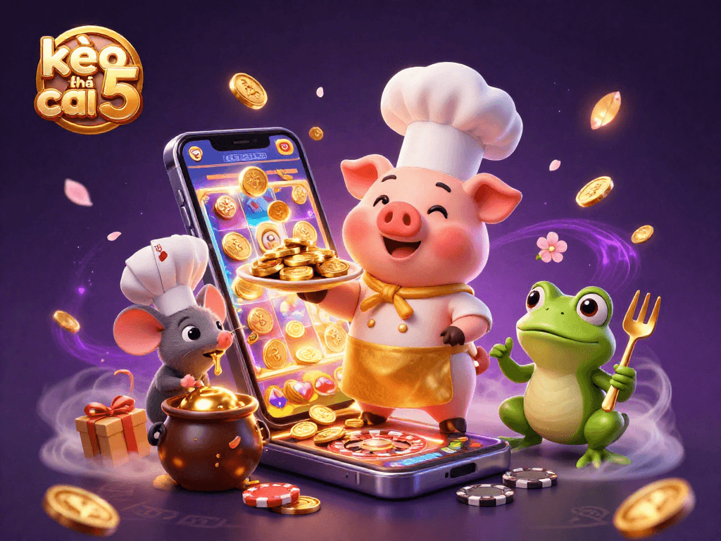 Experience kèo nhà cái 5 with vibrant casino characters and slot game excitement in this detailed illustration.