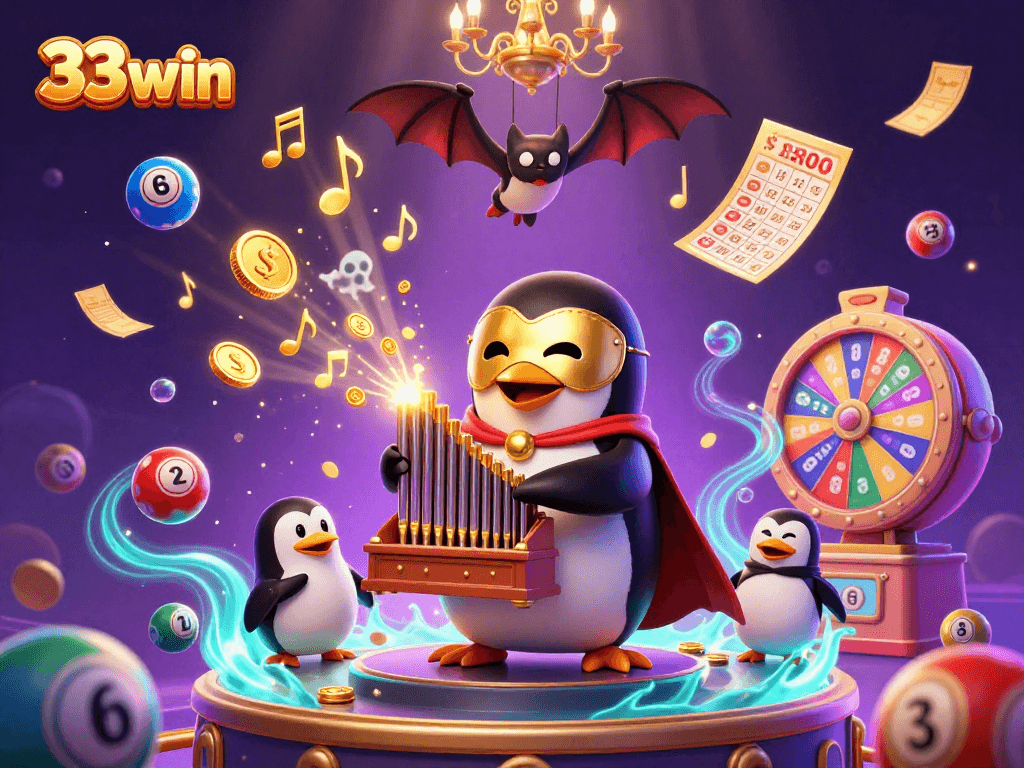 Experience the thrill of 33win with a vibrant lottery scene featuring a playful penguin and bat acrobat.
