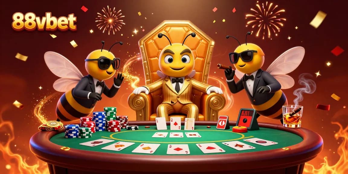 Experience the thrill of 88vbet in a stunning casino scene featuring characters amidst poker excitement.