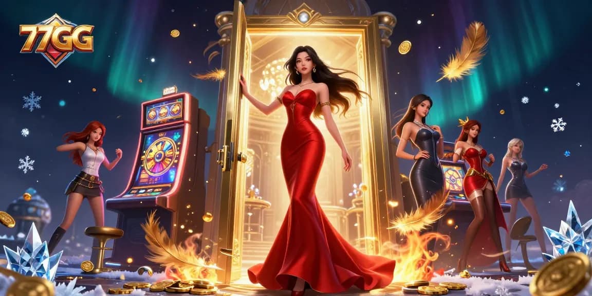 77GG offers a vibrant casino experience with a stunning Asian woman and dynamic gaming elements.