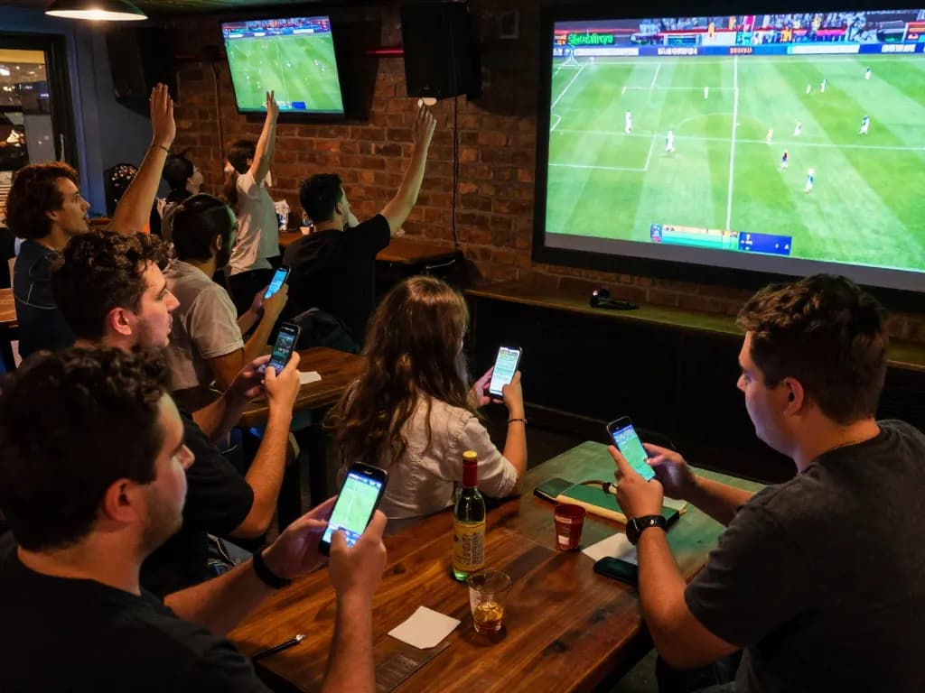 Socolive highlights thrilling sports betting moments, viewers engaging with smartphones while watching live soccer.