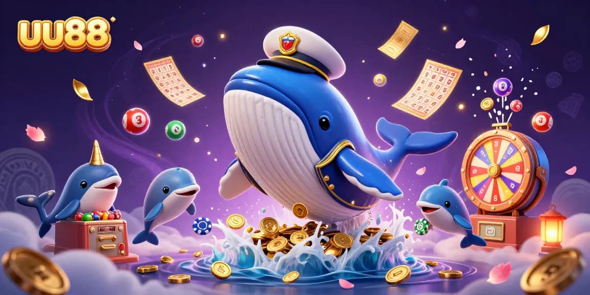 Experience thrilling gambling action with uu88's exciting games featuring a whimsical whale, narwhal, and dolphins.