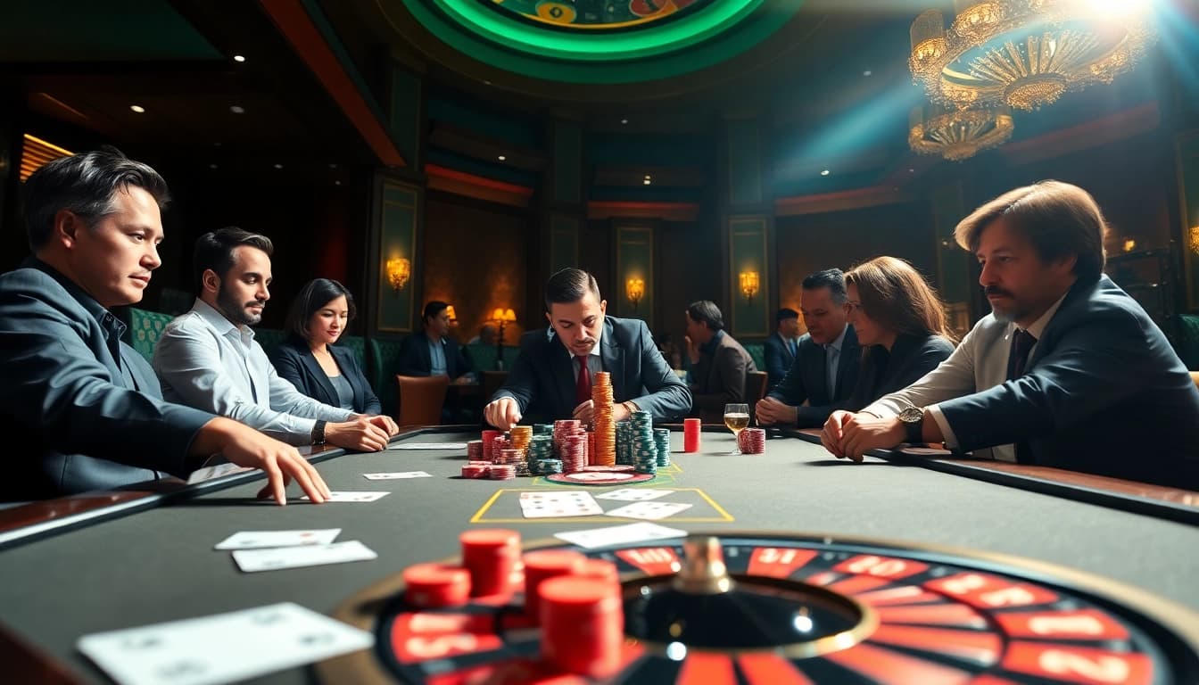 Experience the thrill of 98win with players engaging at a lively poker table in a luxurious casino setting.