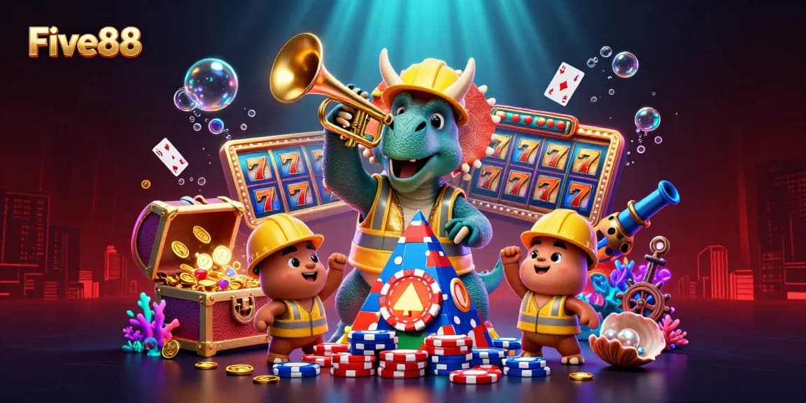 Experience the vibrant energy of Five88 with colorful slots, poker chips, and dynamic casino action.