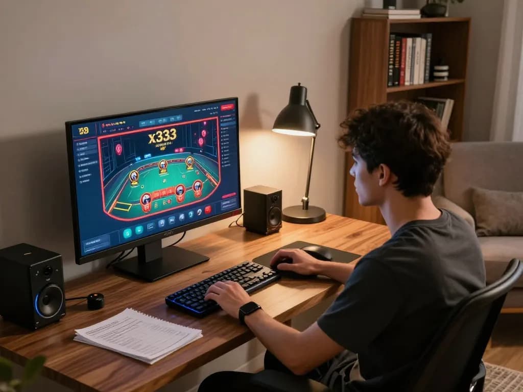 Engaged player on x333 online gaming platform at a stylish home desk