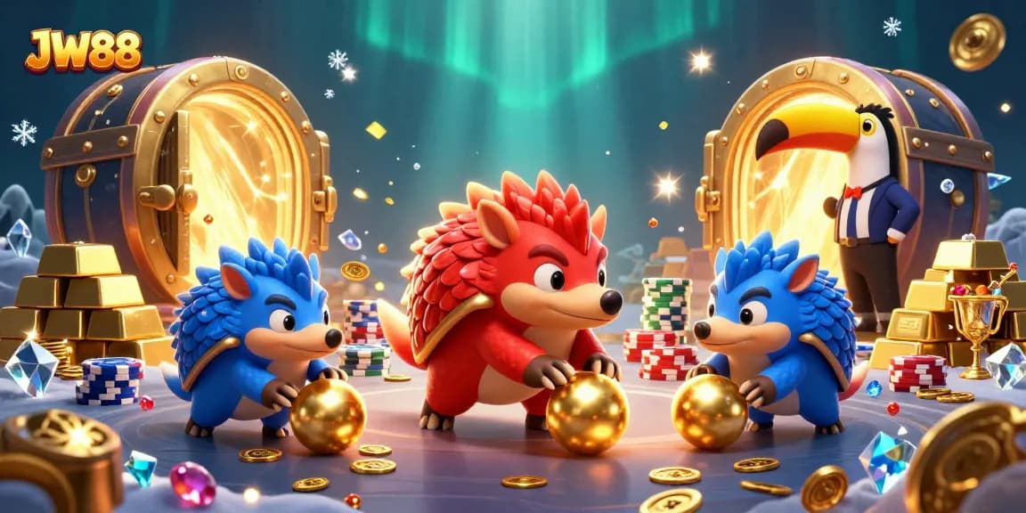 JW88 brings excitement as pangolins roll into golden balls and poker chips amid treasure and gems.