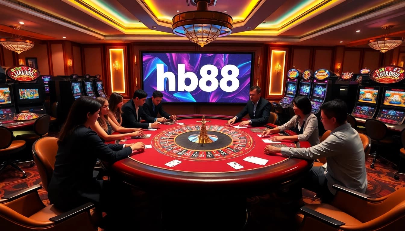 A thrilling poker game at HB88 link online casino, showcasing vibrant tables and eager players.