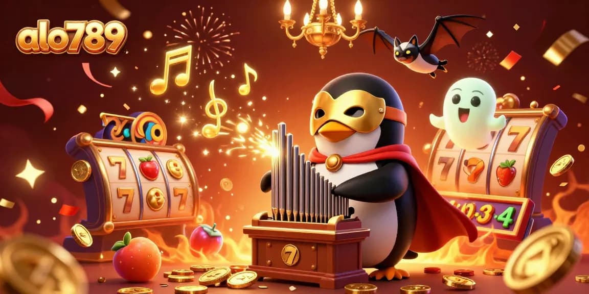 Engage with alo789's vibrant slot scene featuring a whimsical penguin and rich celebrations.