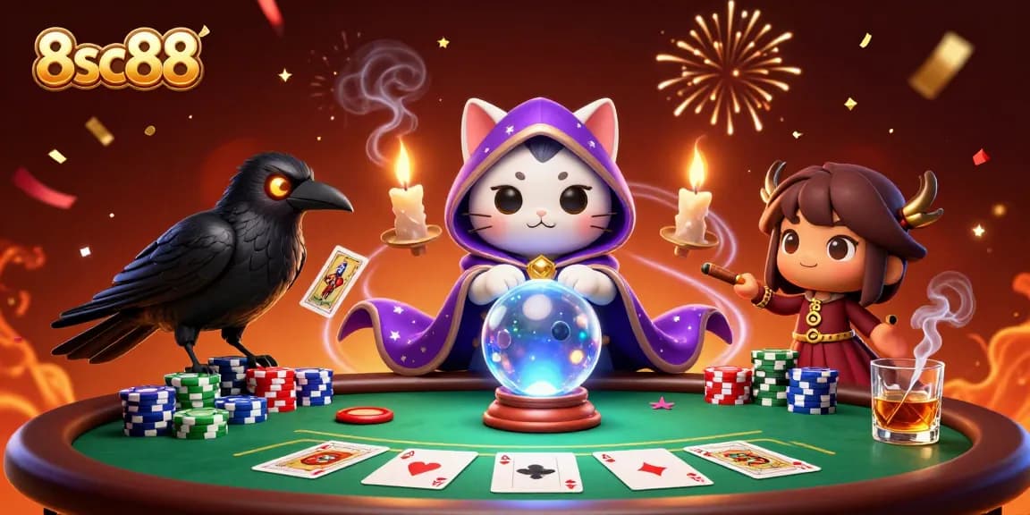 Play thrilling poker at 8sc88 with characters and colorful gambling elements in an exciting casino scene.