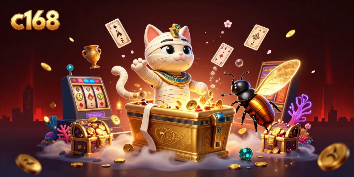 Experience thrilling wins with c168's dynamic casino scene featuring a mummy cat and treasures.