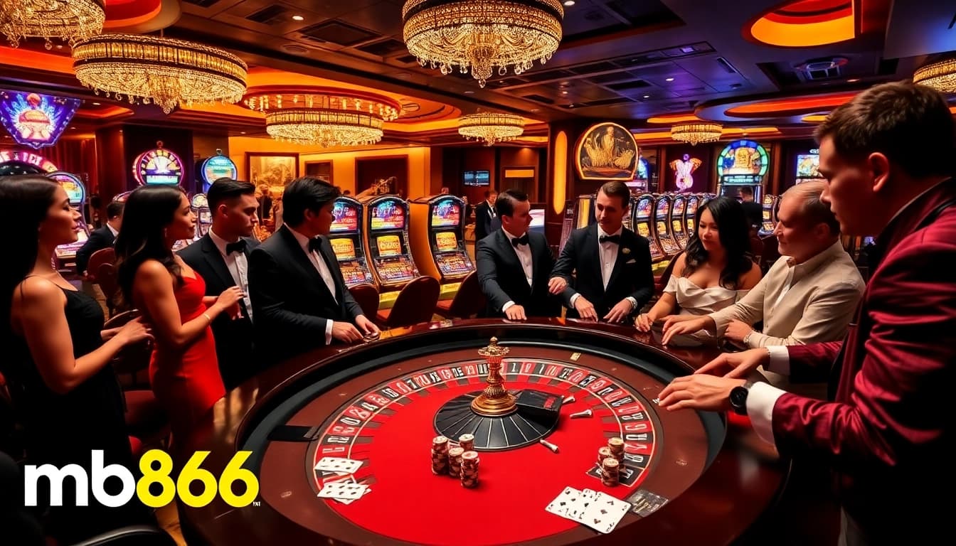 Players engaging in thrilling games at mb66 casino tables with vibrant slot machines in the background.