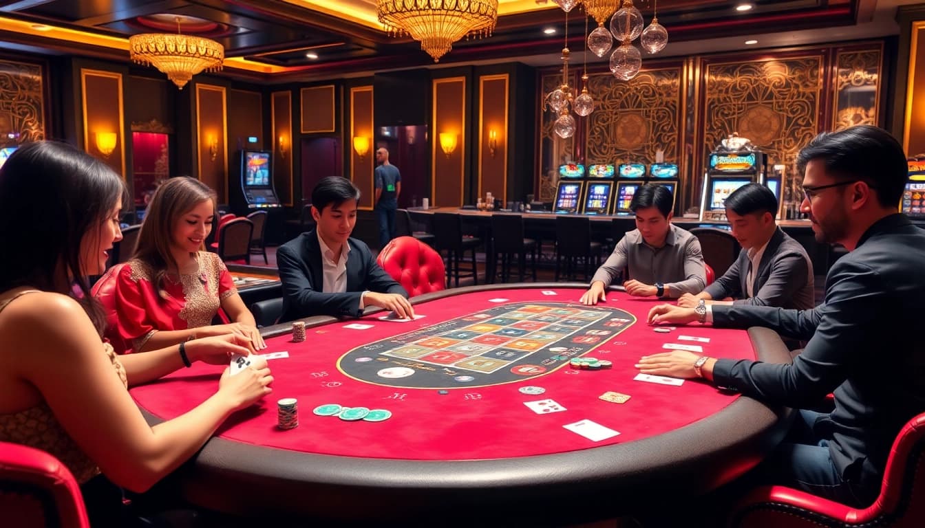 Players strategizing in an engaging 188 bet poker game amidst a luxurious casino atmosphere.