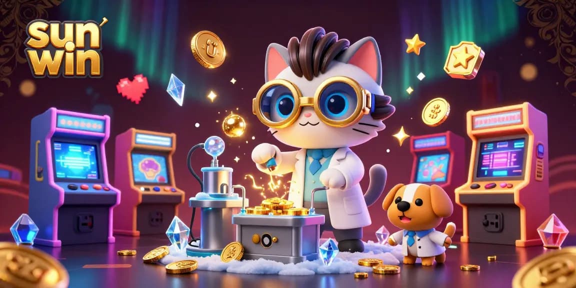 Engage in winning moments with sun win's mad scientist cat and assistant creating gold coins in a casino scene.