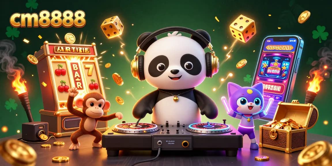 Engage with cm8888's vibrant casino world featuring DJ panda and breakdancing monkey in a dynamic slot scene.