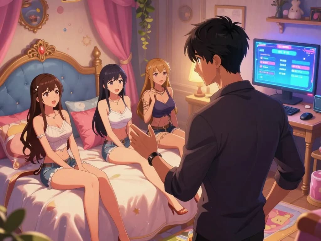 Engaging adult game scene showcasing characters in a colorful visual novel setting with interactive gameplay.