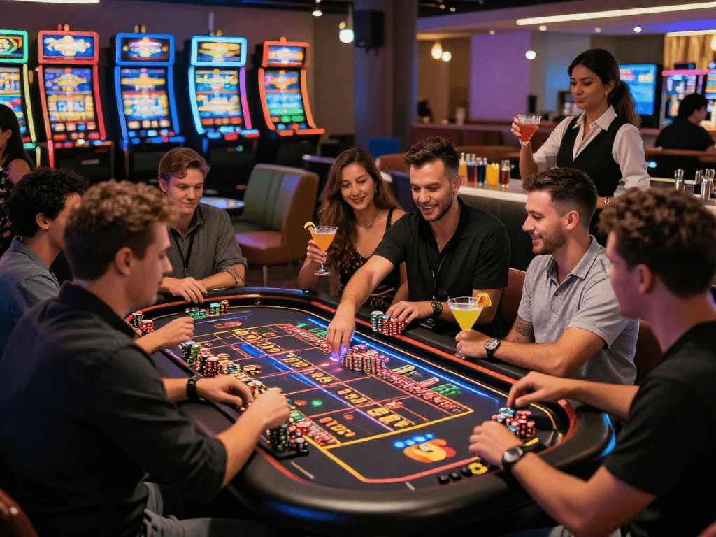 Experience the excitement of gaming at https://vin88-casino.games/ with diverse players at roulette table in vibrant casino lounge.