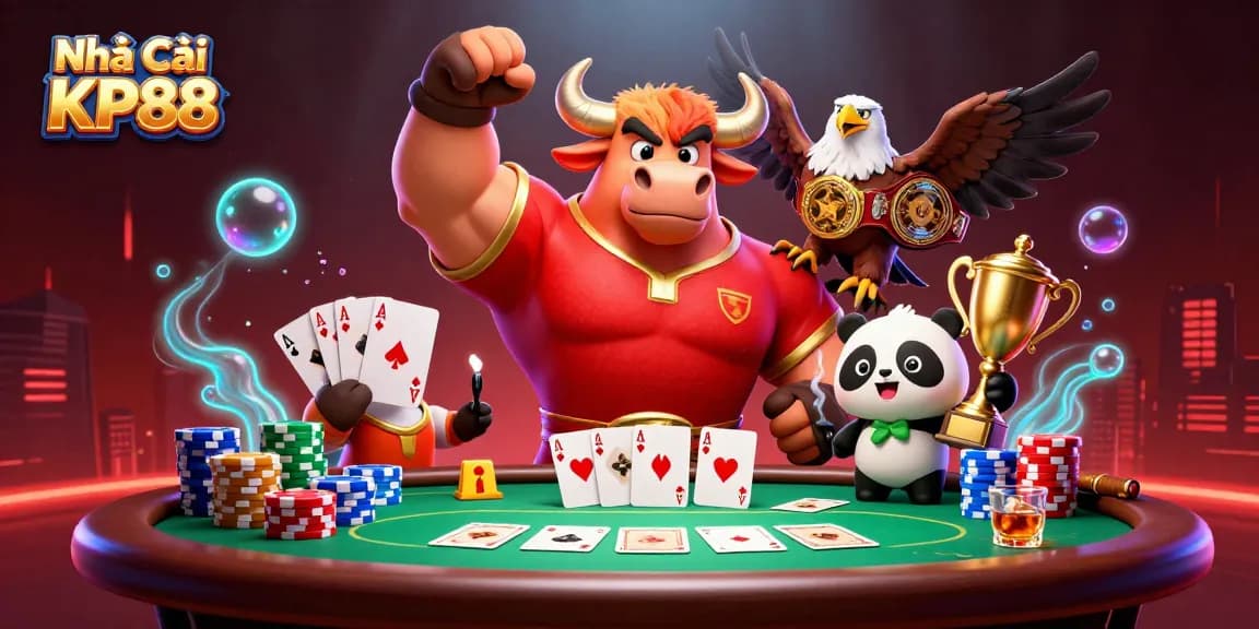 Win big with exciting games at Nhà Cái KP88, featuring a triumphant bull mascot and golden trophy.