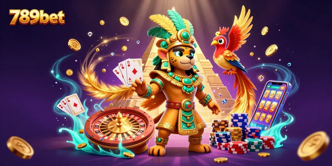Experience the excitement of 789bet with vibrant designs of a Mayan priest, dazzling gems, and thrilling casino elements.