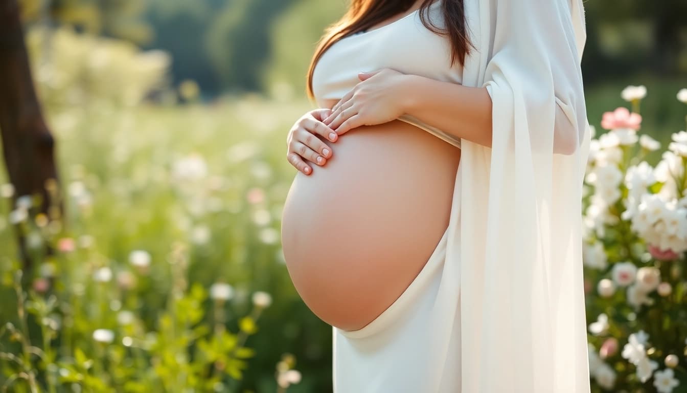 Capture a joyful Babybauch Fotoshooting moment with a mother embracing her baby bump outdoors.