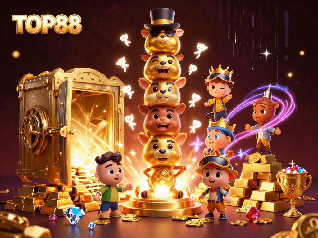 TOP88's vibrant 3D scene with a golden totem, jewels, and dynamic casino elements