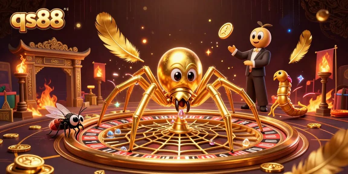 Experience thrilling bets at qs88 with a golden spider spinning a roulette web in this vibrant casino scene.