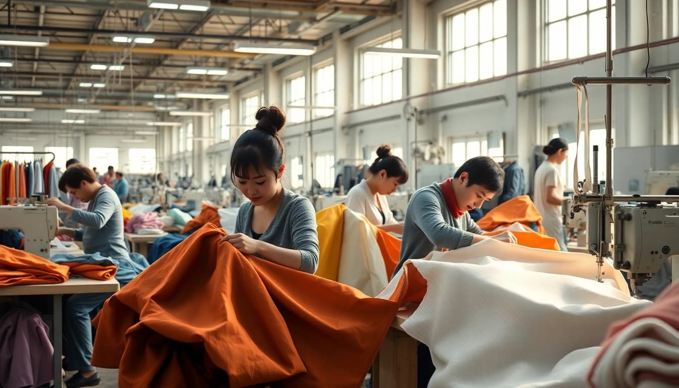 Efficient apparel manufacturers in China showcasing skilled workers in action, crafting garments.
