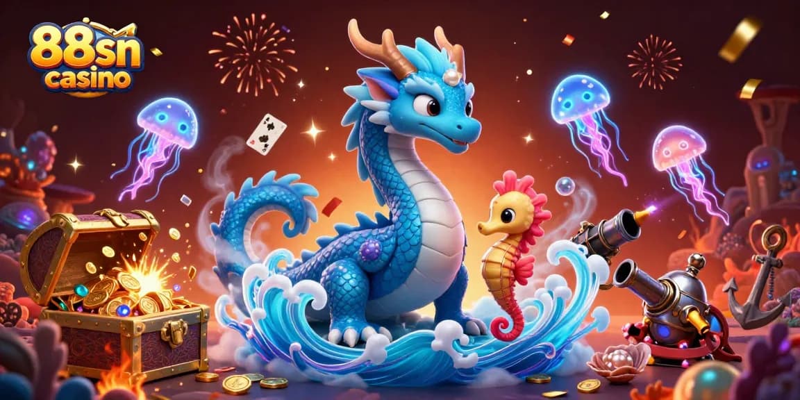 Experience thrilling action at 88sn casino with a vibrant underwater scene featuring a dragon and treasures.