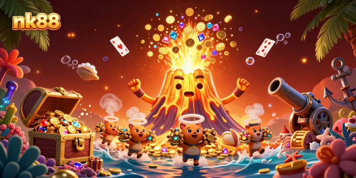 Experience thrilling gameplay at nk88 with a vibrant 3D illustration of a volcanic treasure eruption.