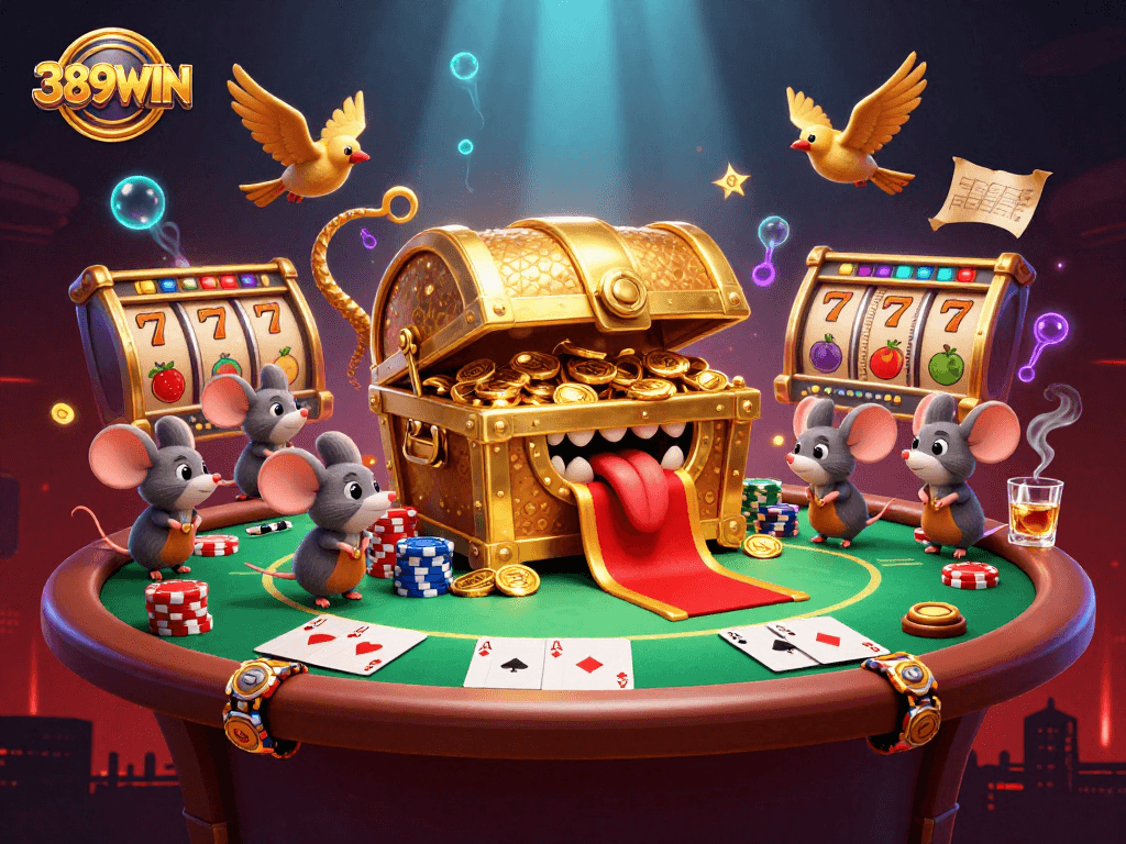Engage in thrilling slots and poker at 389WIN, showcased in a vibrant 3D digital casino scene.