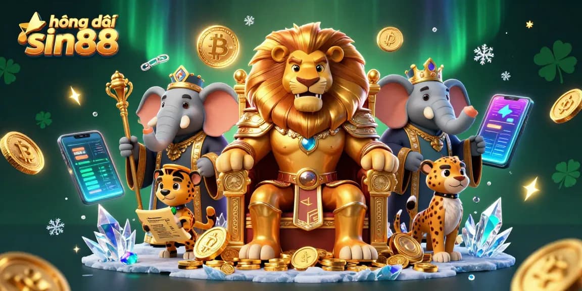 Engaging illustration from hướng dẫn sin88 showcases a lion king, elephant advisor, and cheetah messenger in a vibrant casino scene.