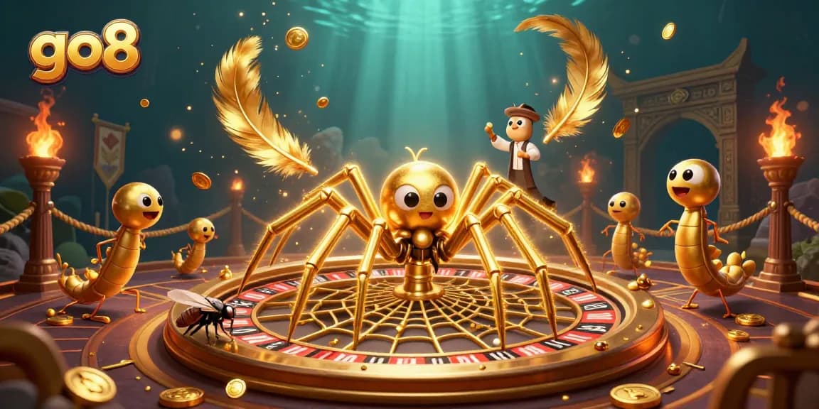 Engage in go8 gaming with a thrilling roulette wheel backdrop, animated characters, and vibrant casino elements.