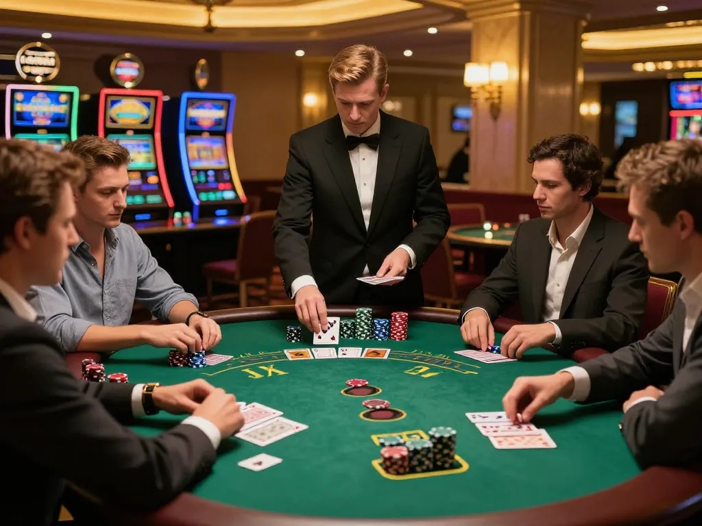 Players at a blackjack table in a Go8 casino showcase strategic gameplay under warm lighting.