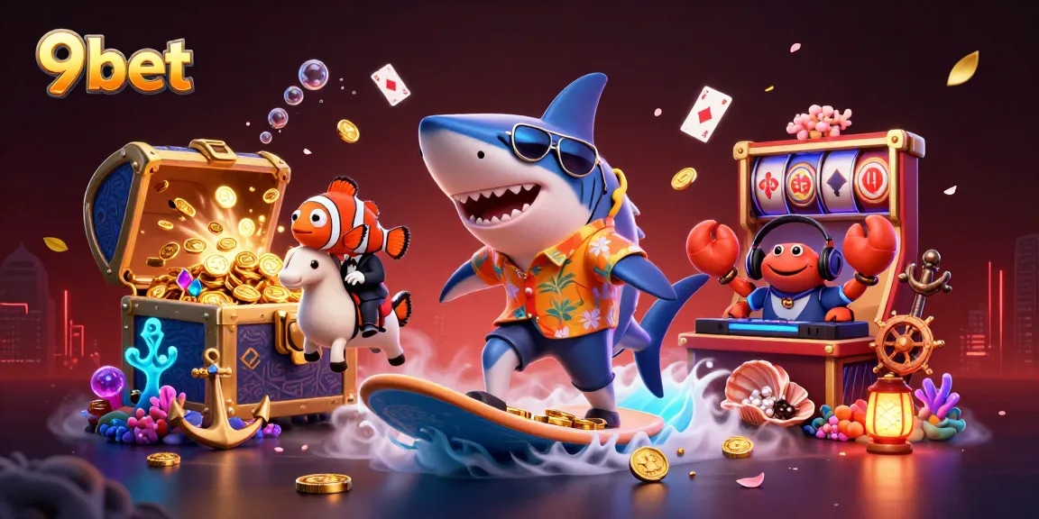 9bet's exciting undersea casino scene features a shark, clownfish, and crab amidst vibrant gaming symbols.