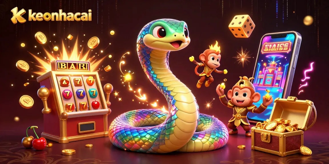 Experience keonhacai in a vibrant casino scene with a rainbow serpent, slot machines, and dynamic game elements.