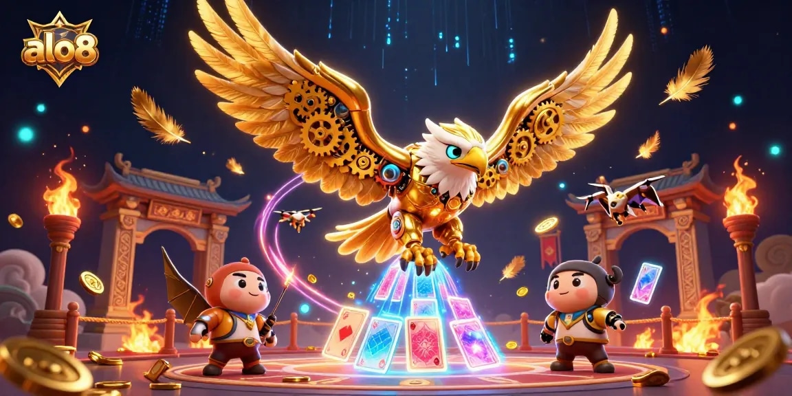 Bet on exciting games at alo8 with a vibrant illustration showcasing a cybernetic eagle in a dynamic casino scene.